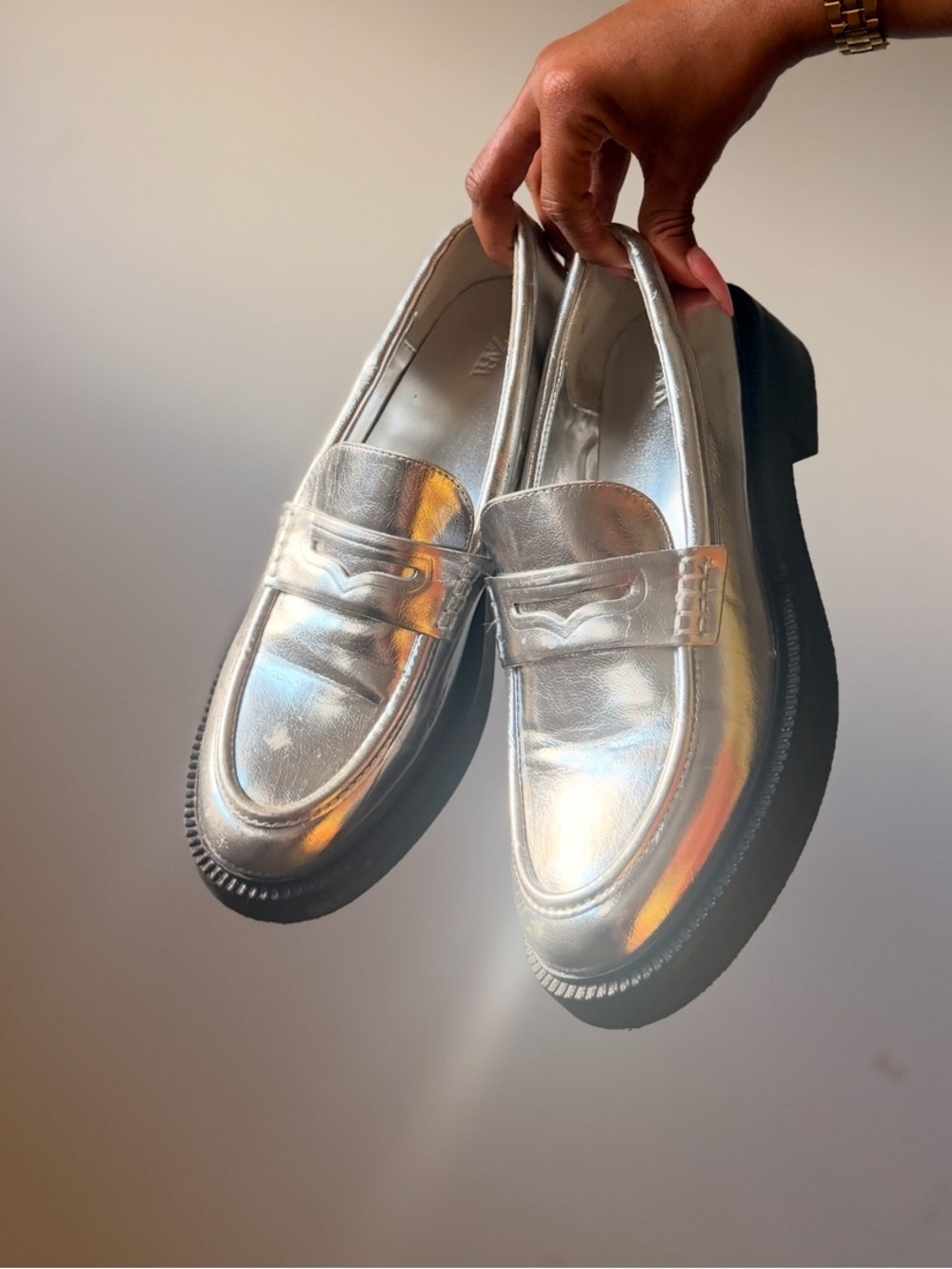 Zara Metallic Silver Penny Loafers with Black Platform